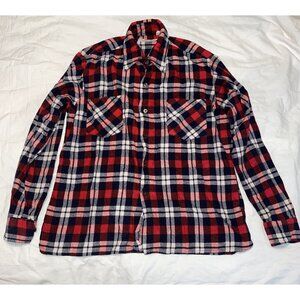 Vintage 80s Flannel Shirt Medium Fruit of the Loom plaid red white blue